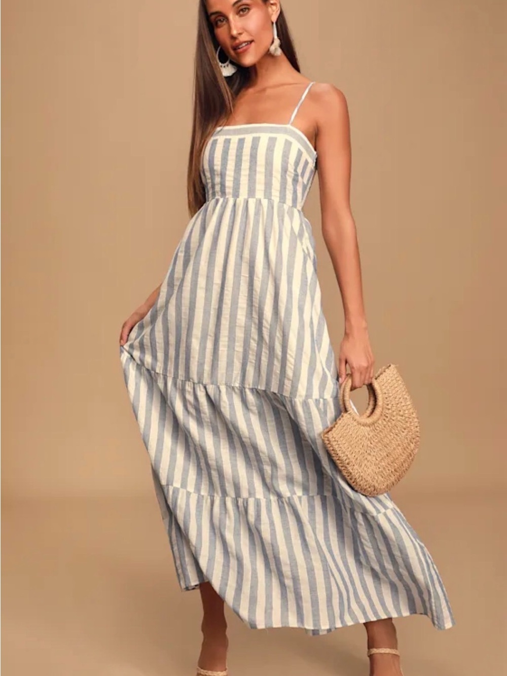 Lulu’s Must Be Dreaming Blue and White Striped Tiered Maxi Dress M